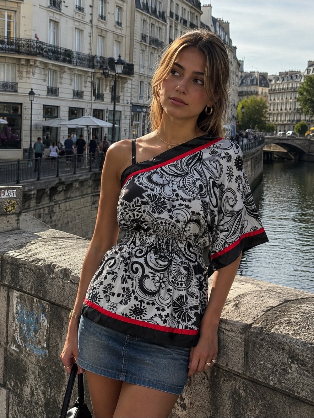 Y2K IZ Byer Black White Red Paisley One Shoulder Cinched Waist Top M Fairy Glam